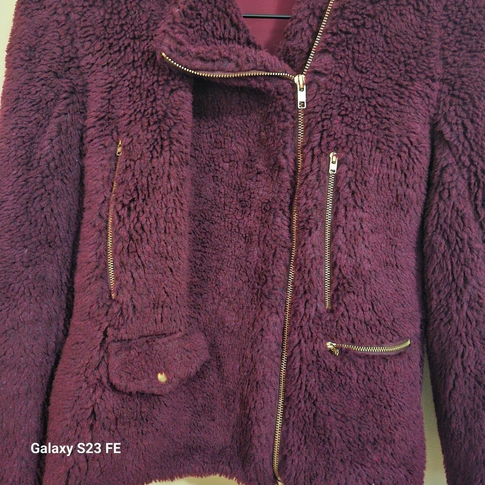 Beach Riot Burgundy Sherpa Moto Jacket Fleece Teddy Zip Up Womens XS Lined - Picture 9 of 12